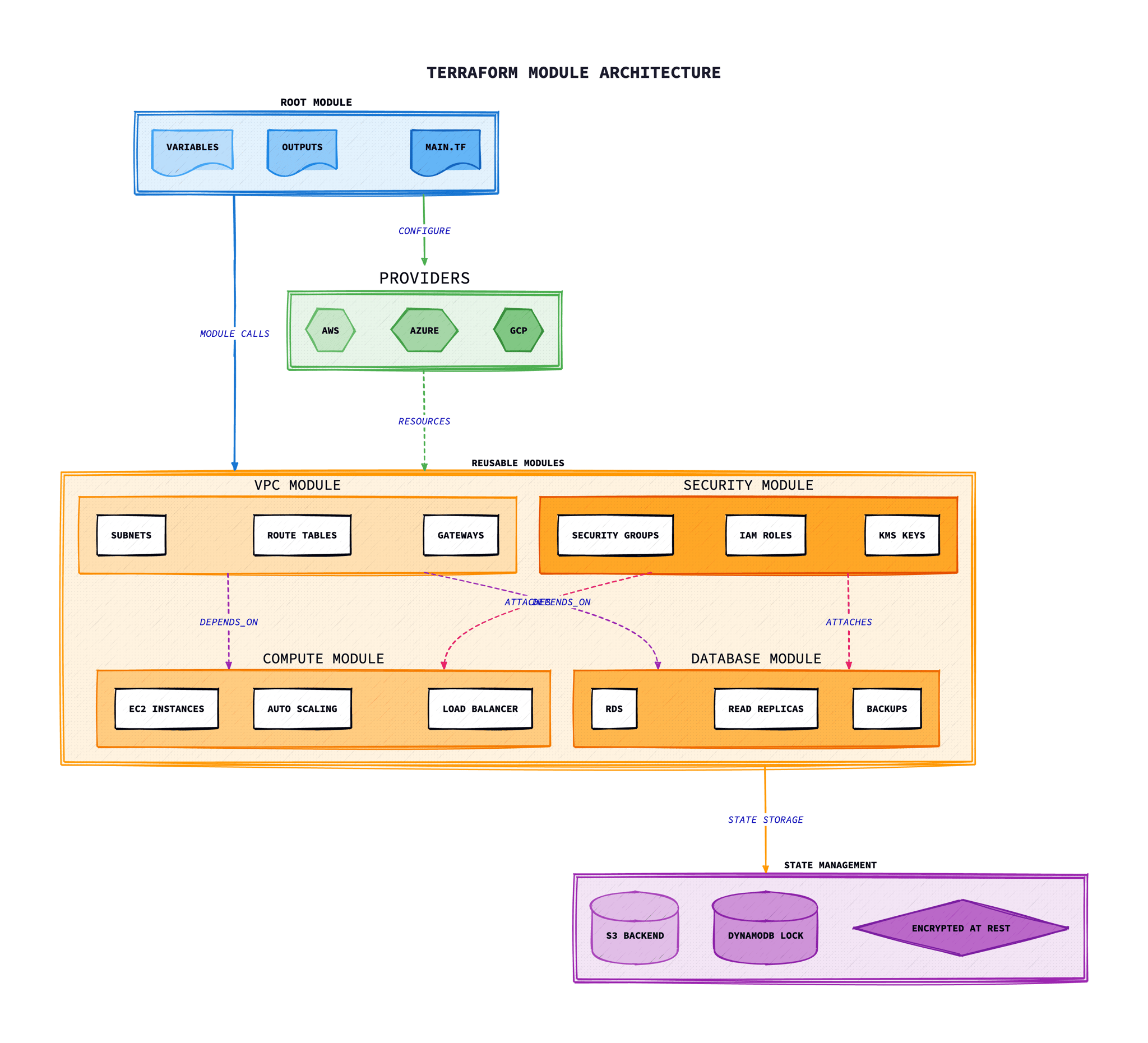 Terraform modules architecture showing root module calling child modules for VPC, EKS, and RDS with inputs and outputs